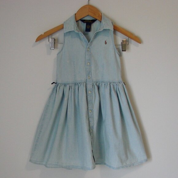 Polo Ralph Lauren Girls Chambray Denim Dress Pony Sleeveless Collar Cotton Siz 6 - Picture 2 of 14